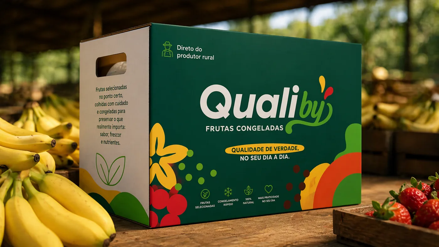 Caixa de frutas congeladas Qualiby em uma feira com bananas e morangos