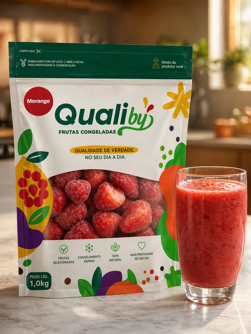 Pacote de 1kg de morango congelado Qualiby ao lado de um copo de suco